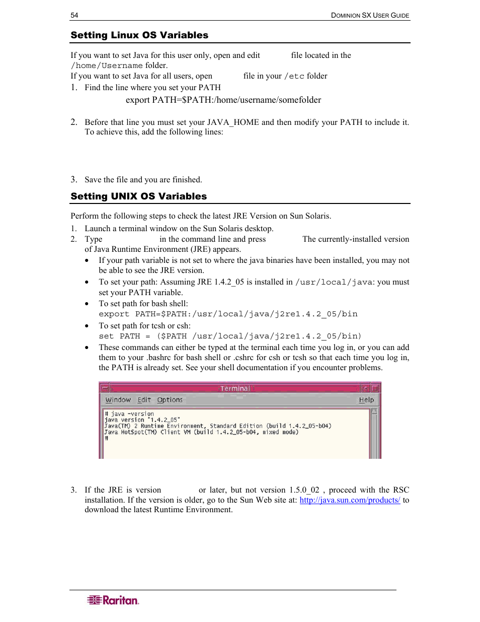 Setting linux os variables, Setting unix os variables, Figure 57 check jre version in sun solaris | Raritan Computer SX User Manual | Page 72 / 226