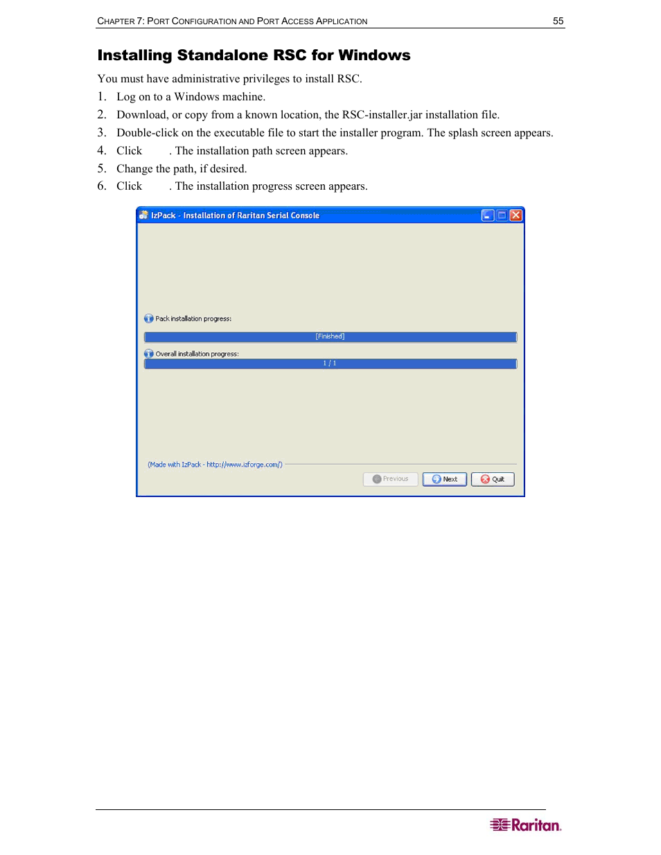 Installing standalone rsc for windows, Figure 60 rsc windows install progress screen | Raritan Computer SX User Manual | Page 73 / 226