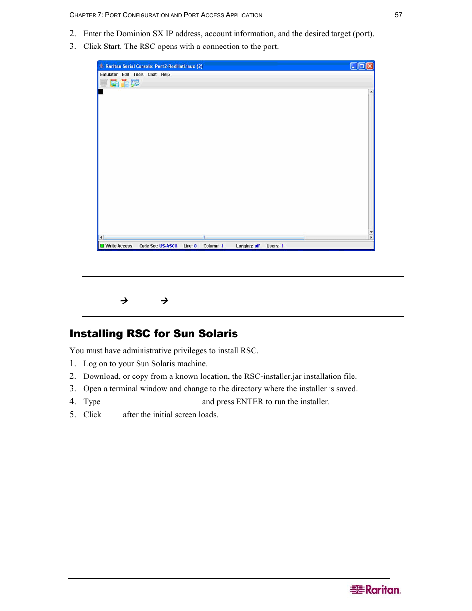 Installing rsc for sun solaris, Figure 64 standalone rsc connected to port window | Raritan Computer SX User Manual | Page 75 / 226