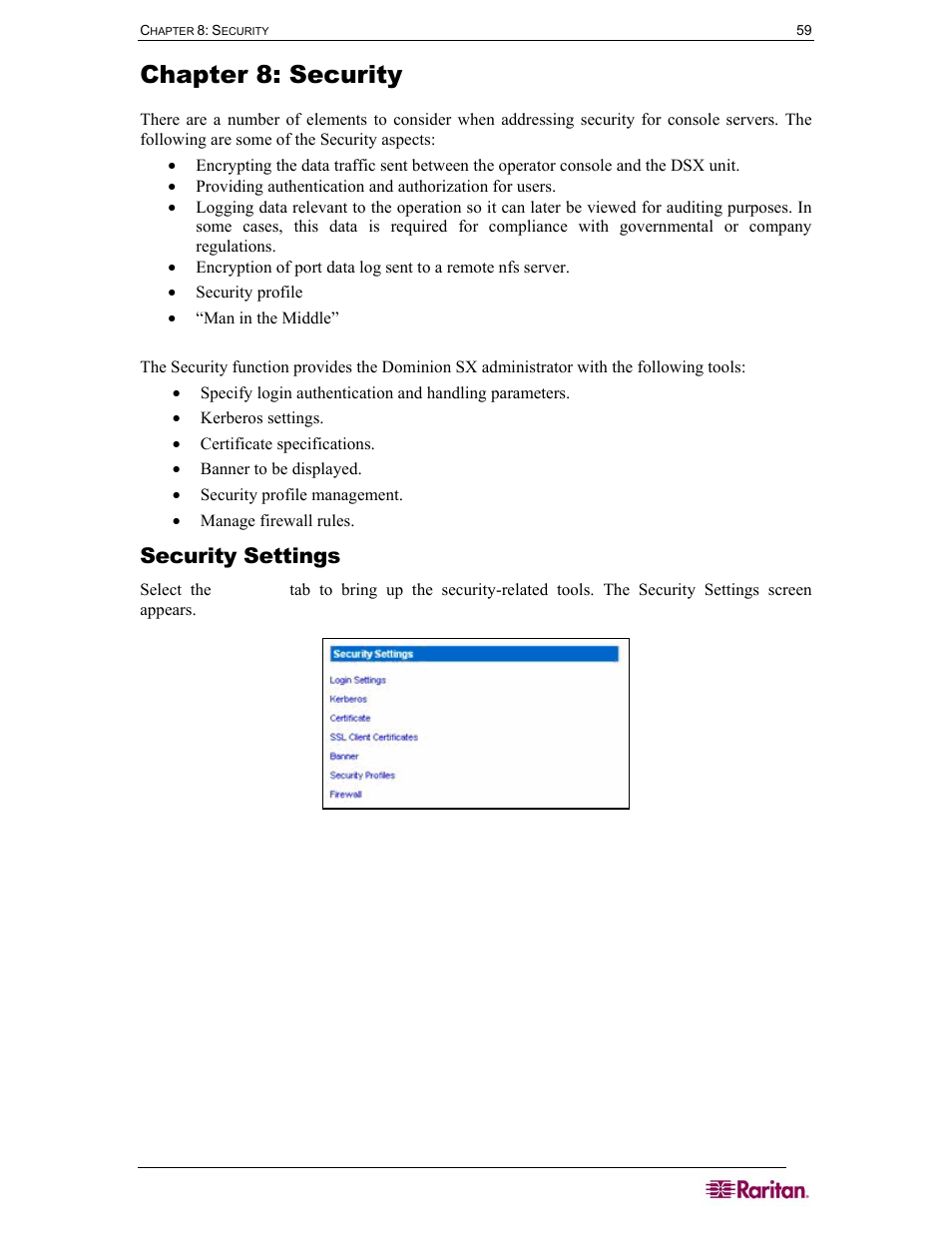 Chapter 8: security, Security settings, Figure 67 security settings screen | Raritan Computer SX User Manual | Page 77 / 226