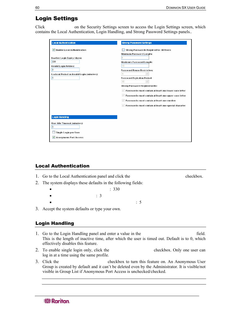 Login settings, Local authentication, Login handling | Figure 68 login settings screen, Figure 54) | Raritan Computer SX User Manual | Page 78 / 226