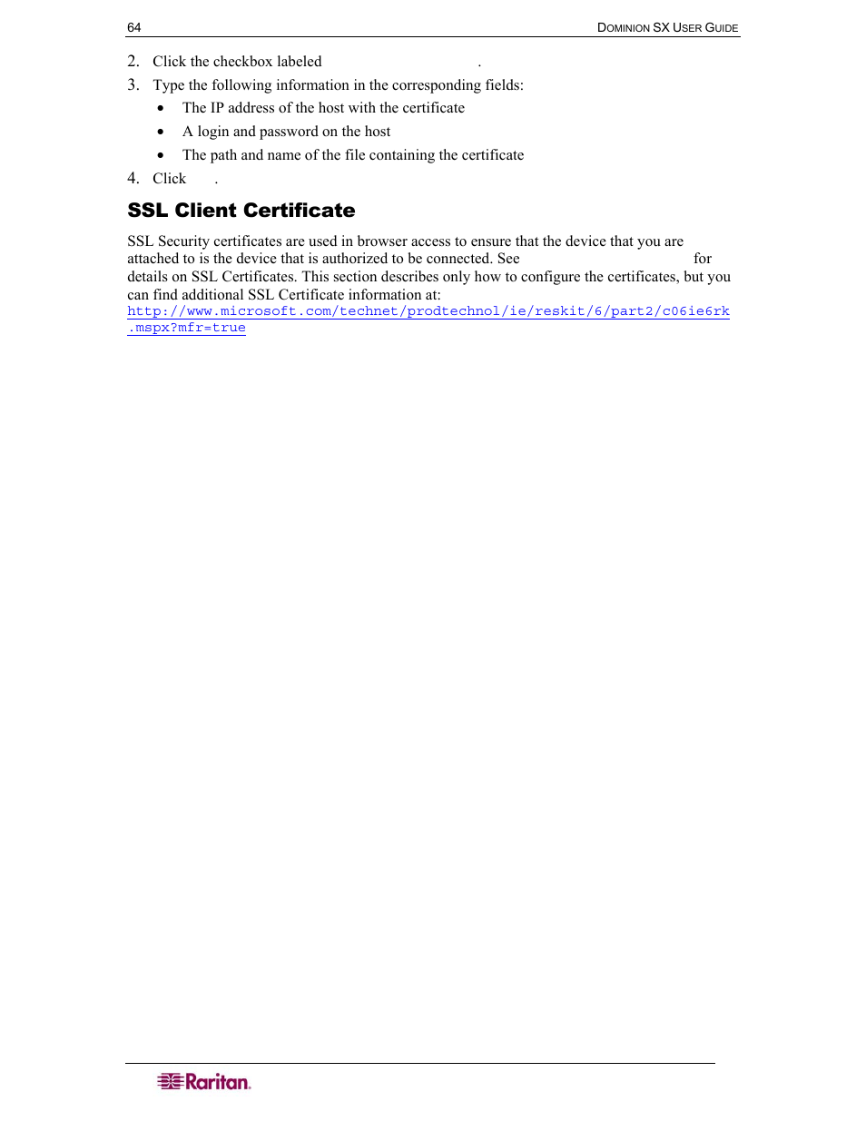 Ssl client certificate | Raritan Computer SX User Manual | Page 82 / 226