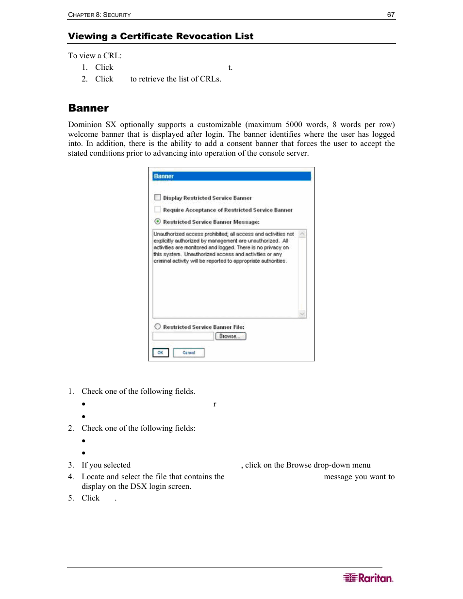 Banner, Viewing a certificate revocation list, Figure 74 banner screen | Raritan Computer SX User Manual | Page 85 / 226