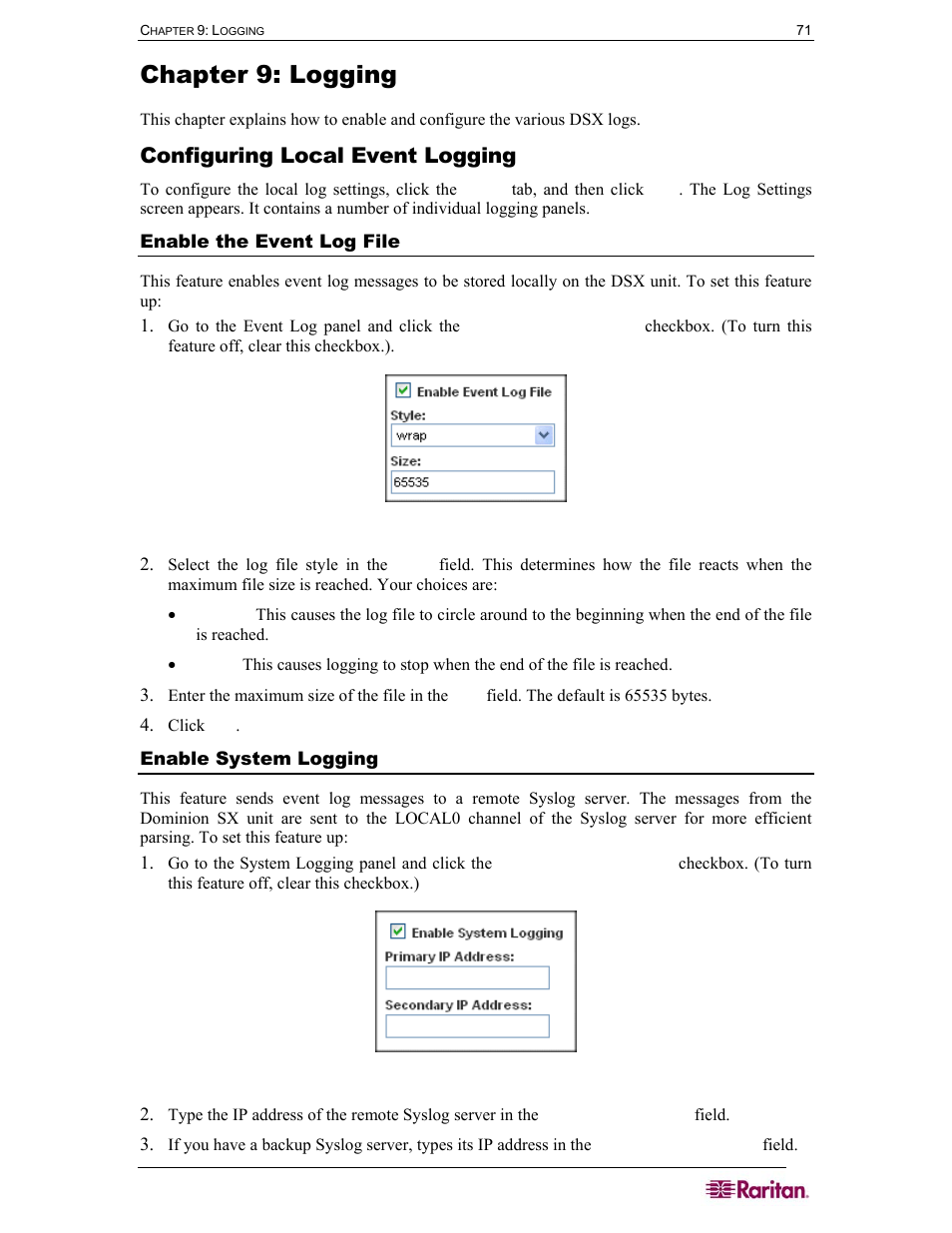 Chapter 9: logging, Configuring local event logging, Enable the event log file | Enable system logging, Figure 78 event log panel, Figure 79 system logging panel | Raritan Computer SX User Manual | Page 89 / 226