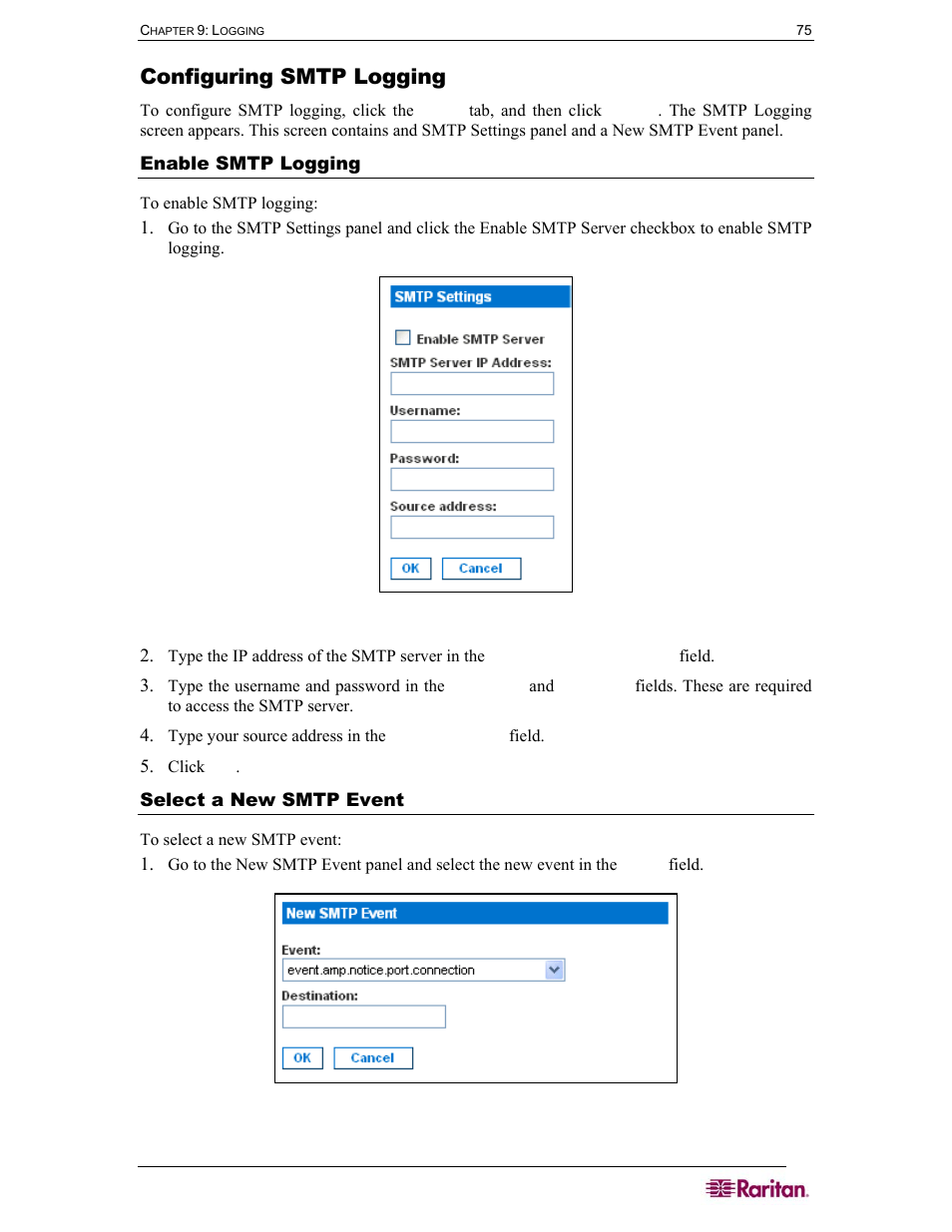 Configuring smtp logging, Enable smtp logging, Select a new smtp event | Figure 84 smtp settings panel, Figure 85 new smtp event panel | Raritan Computer SX User Manual | Page 93 / 226