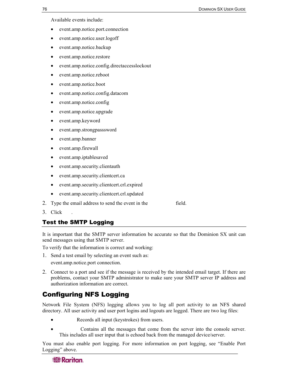 Configuring nfs logging, Test the smtp logging | Raritan Computer SX User Manual | Page 94 / 226