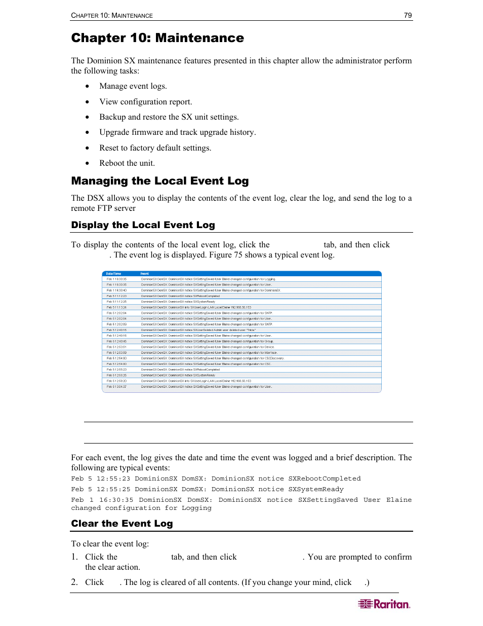 Chapter 10: maintenance, Managing the local event log, Display the local event log | Clear the event log, Figure 89 event log | Raritan Computer SX User Manual | Page 97 / 226