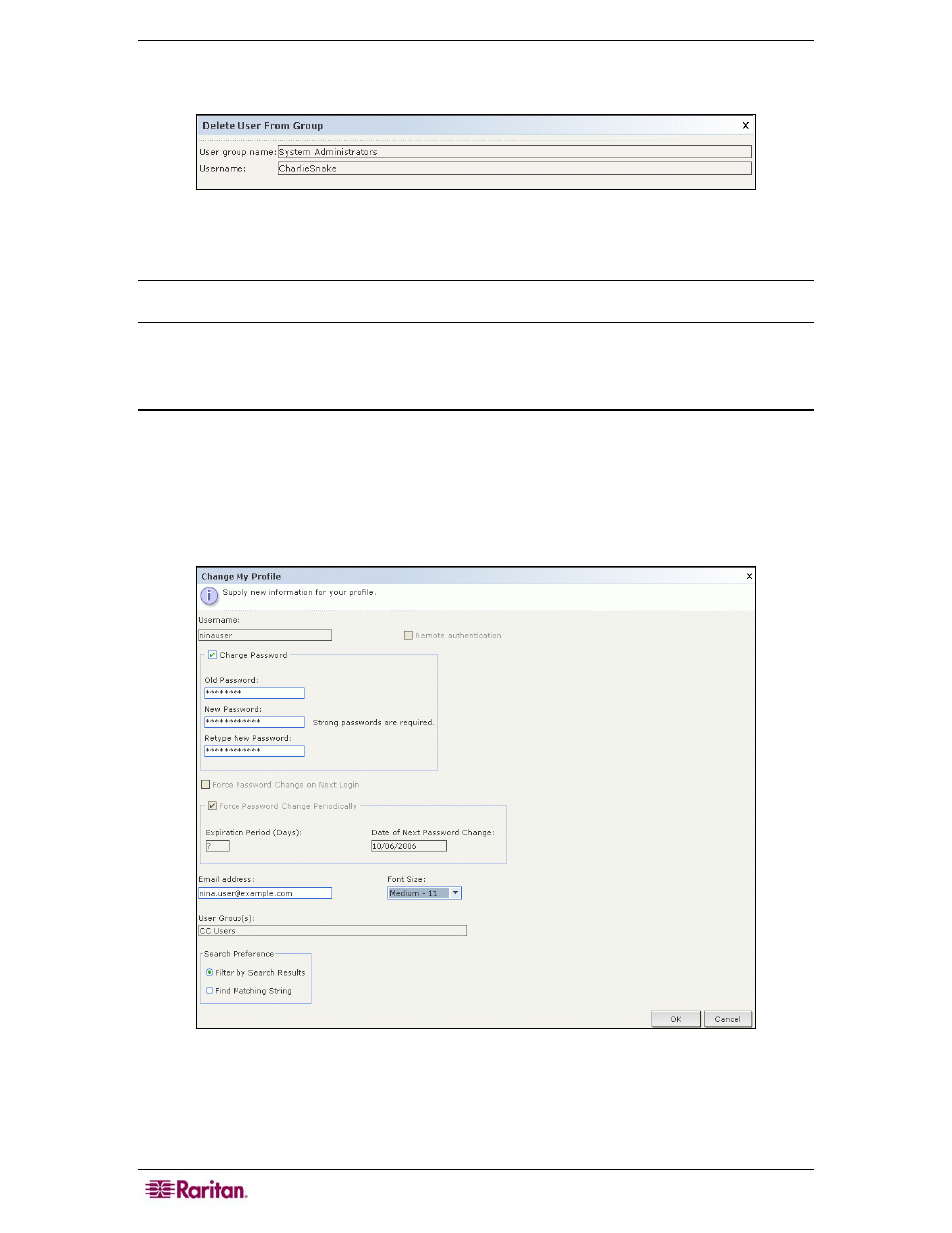 Other user and user group functions, My profile, Figure 84 deleting a user from a group | Figure 85 my profile screen | Raritan Computer CC-SG User Manual | Page 100 / 258