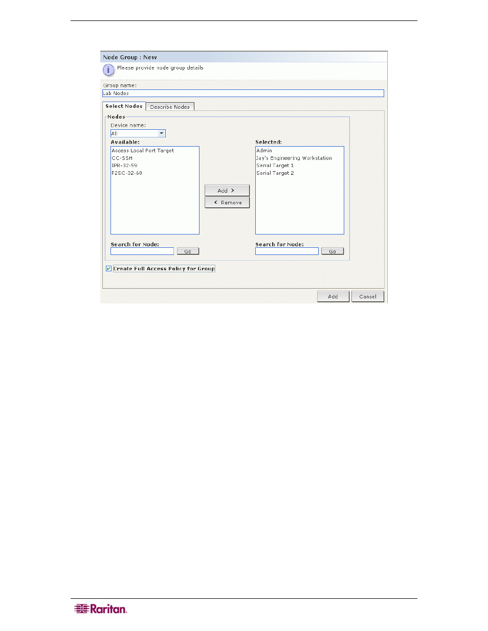 Figure 90 adding nodes using select nodes | Raritan Computer CC-SG User Manual | Page 106 / 258