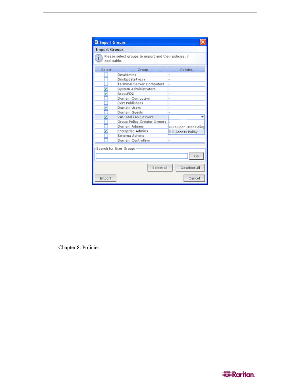 Figure 100 importing groups from ad server, Synchronize ad user groups, Synchronize ad | User groups | Raritan Computer CC-SG User Manual | Page 121 / 258