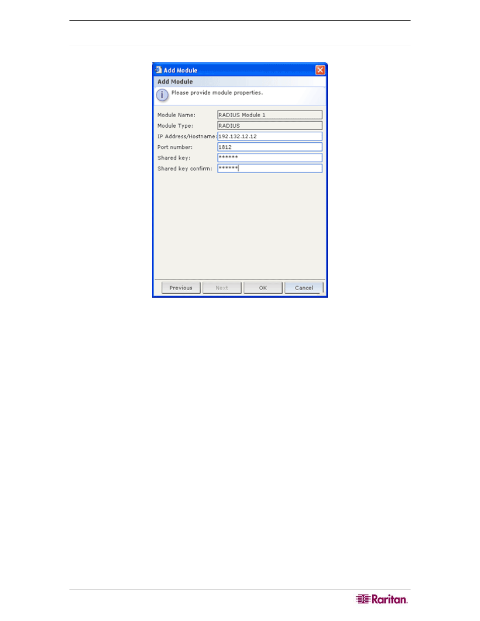 Radius general settings, Figure 110 specifying a radius server | Raritan Computer CC-SG User Manual | Page 131 / 258