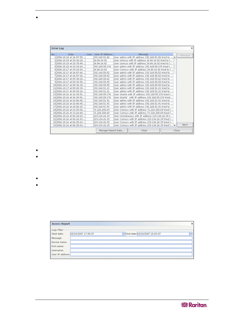 Access report, Figure 115 error log report, Figure 116 access report screen | Raritan Computer CC-SG User Manual | Page 135 / 258