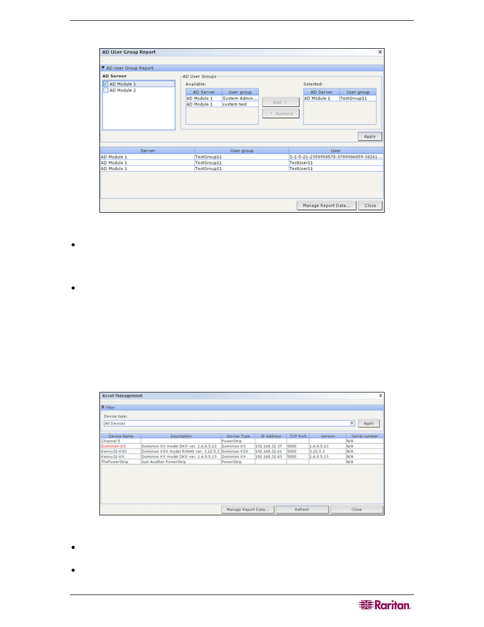 Asset management report, Figure 124 ad user group report, Figure 125 asset management report | Raritan Computer CC-SG User Manual | Page 143 / 258