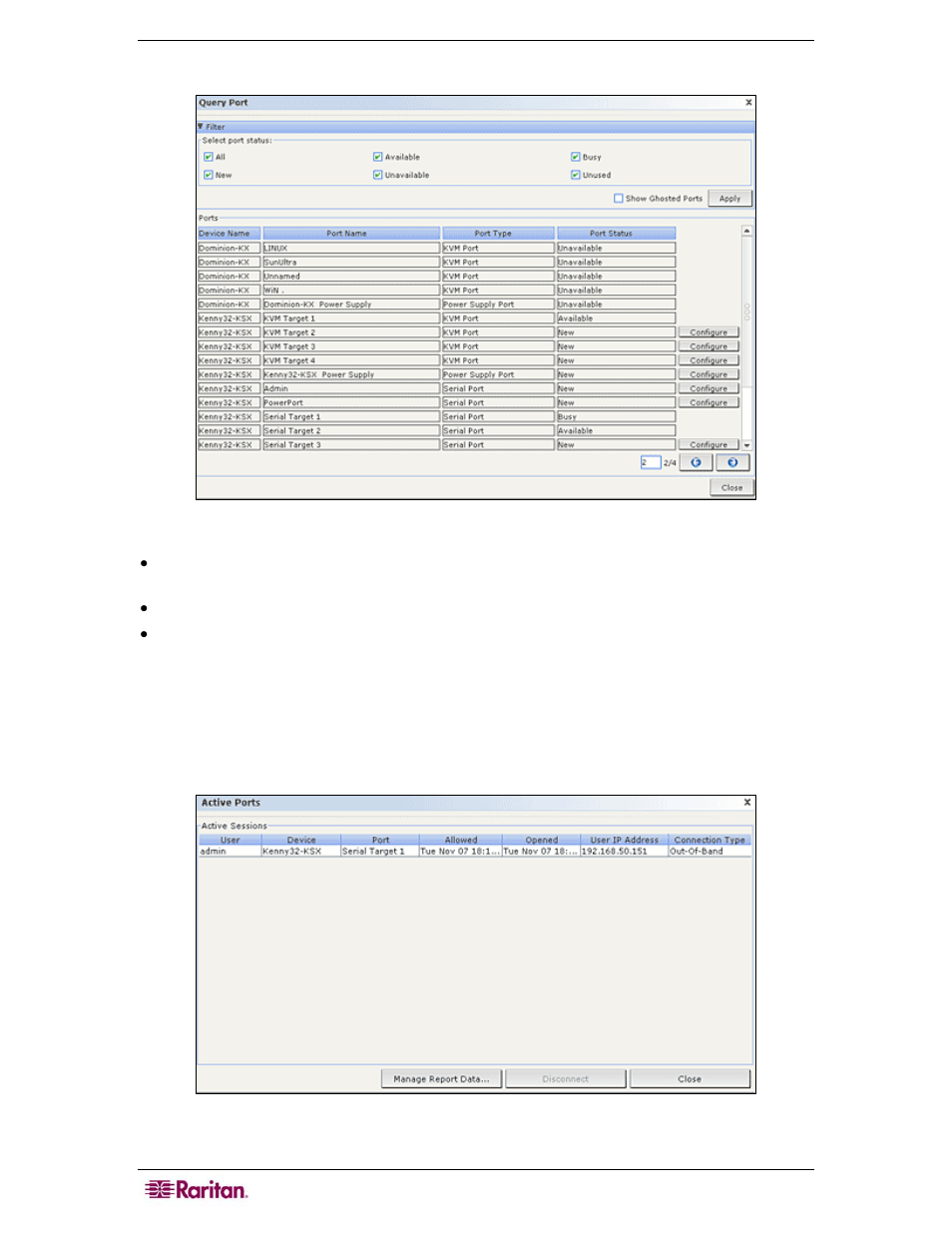 Active ports report, Figure 132 query port report, Figure 133 active ports report | Raritan Computer CC-SG User Manual | Page 148 / 258