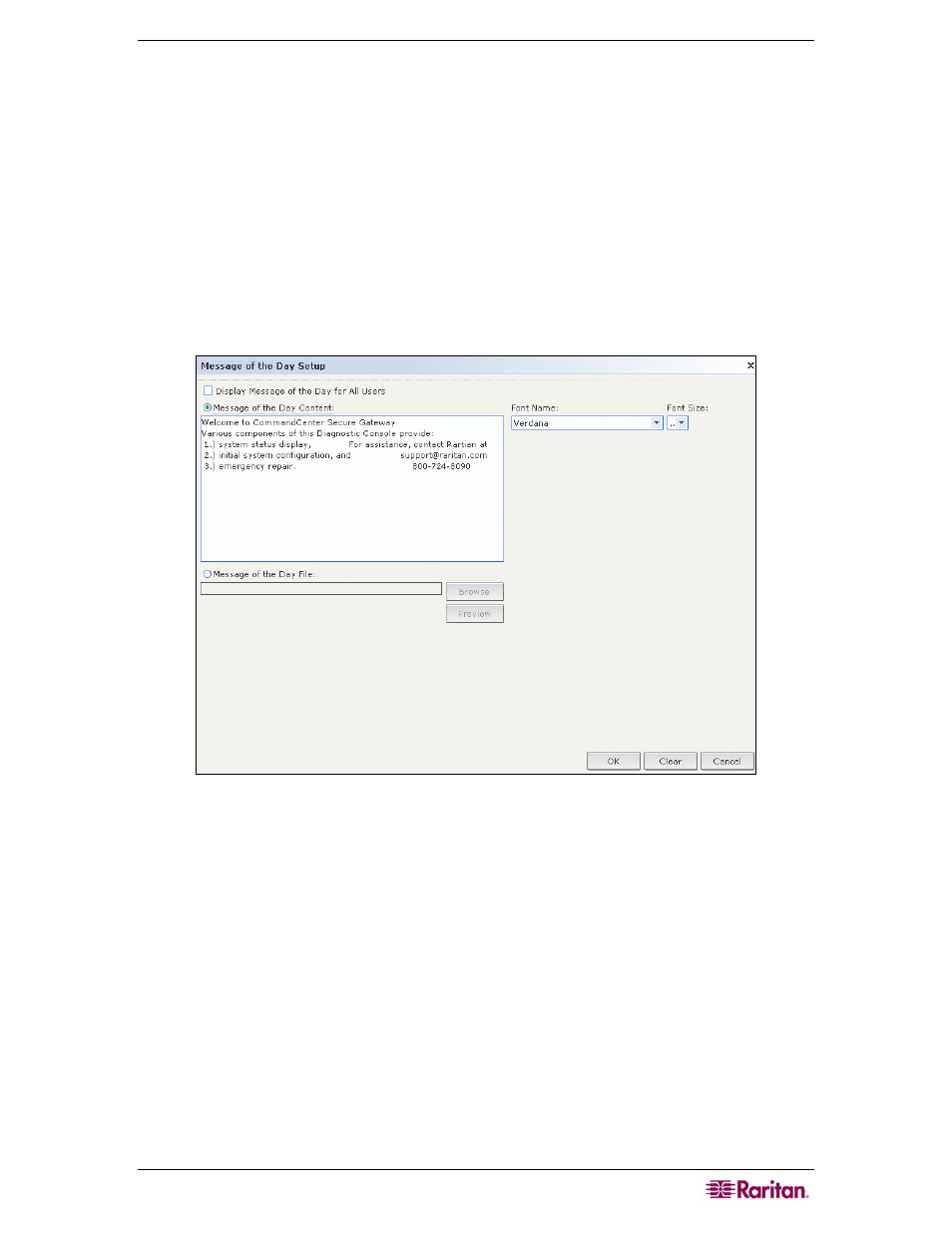 Chapter 12: advanced administration, Guided setup, Message of the day setup | Figure 143 configuring the message of the day | Raritan Computer CC-SG User Manual | Page 159 / 258