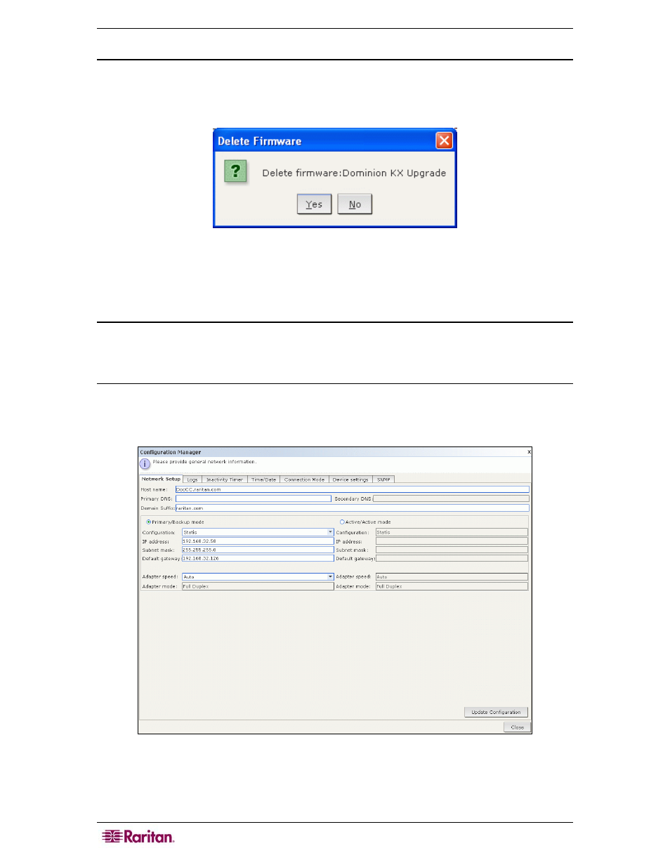 Delete firmware, Configuration manager, Network configuration | Figure 150 delete firmware window, Chapter 12: configuration, Manager | Raritan Computer CC-SG User Manual | Page 164 / 258