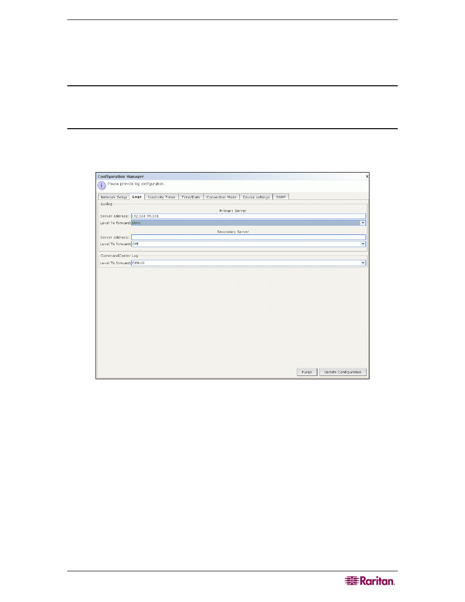 Log configuration, Configuring logging activity, Figure 154 configuration manager logs screen | Raritan Computer CC-SG User Manual | Page 167 / 258