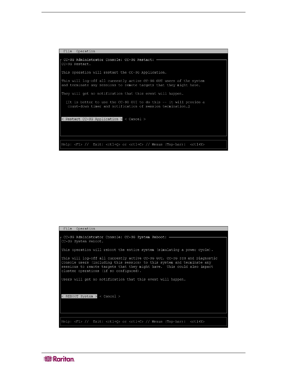 Figure 203 restarting cc-sg in diagnostic console, Figure 204 rebooting cc-sg in diagnostic console | Raritan Computer CC-SG User Manual | Page 216 / 258