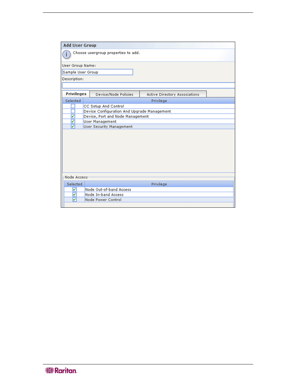 Figure 17 add user group--privileges, Click the policies tab | Raritan Computer CC-SG User Manual | Page 36 / 258