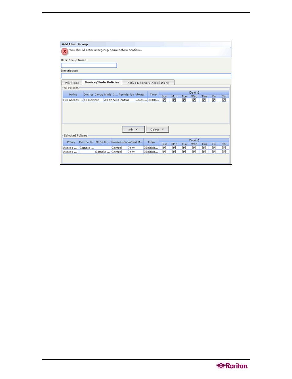 Figure 18 add user group-policies | Raritan Computer CC-SG User Manual | Page 37 / 258