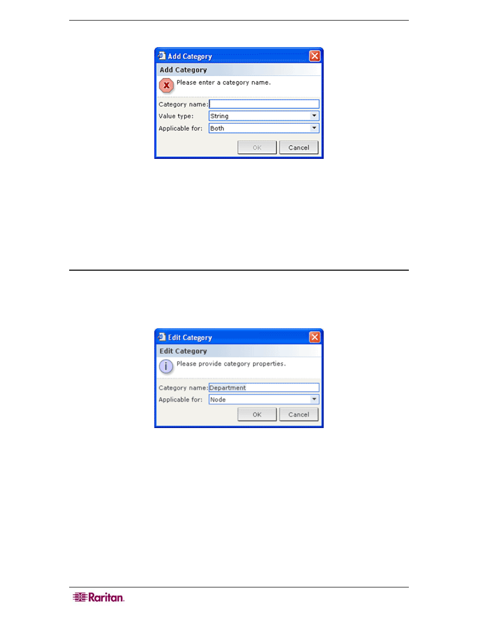 Edit category, Figure 21 add category window, Figure 22 edit category window | Raritan Computer CC-SG User Manual | Page 42 / 258