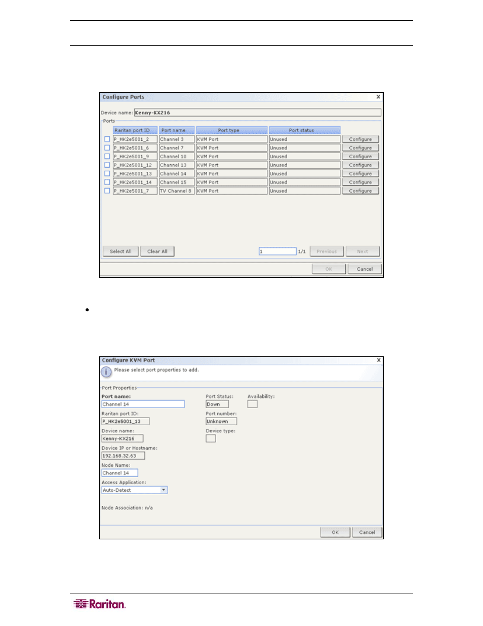 Configure a kvm port, Figure 39 configure ports screen, Figure 40 configure kvm port screen | Raritan Computer CC-SG User Manual | Page 58 / 258