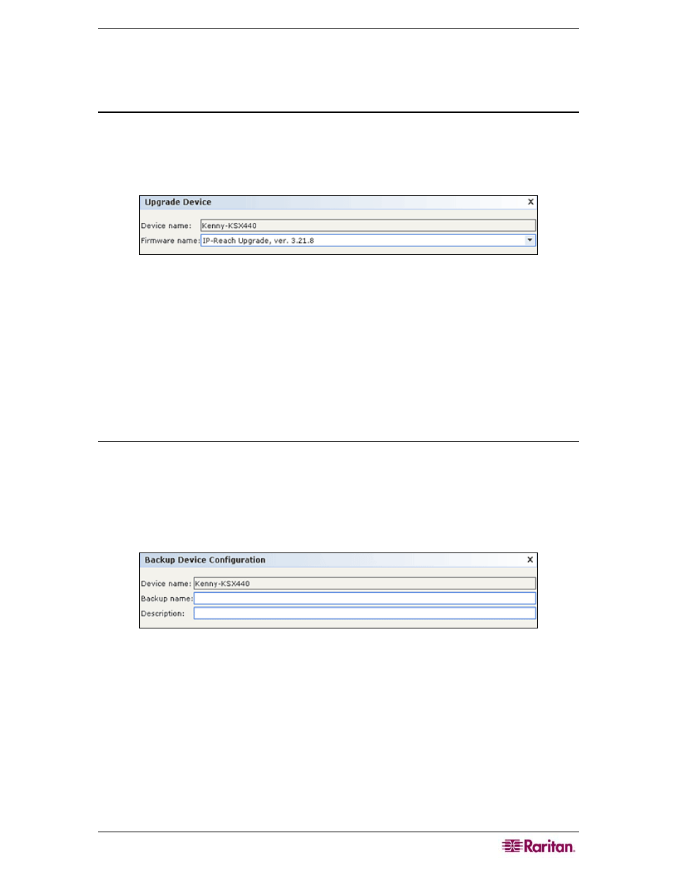 Upgrade device, Backup device configuration, Figure 43 upgrade device screen | Figure 44 backup device configuration screen | Raritan Computer CC-SG User Manual | Page 61 / 258