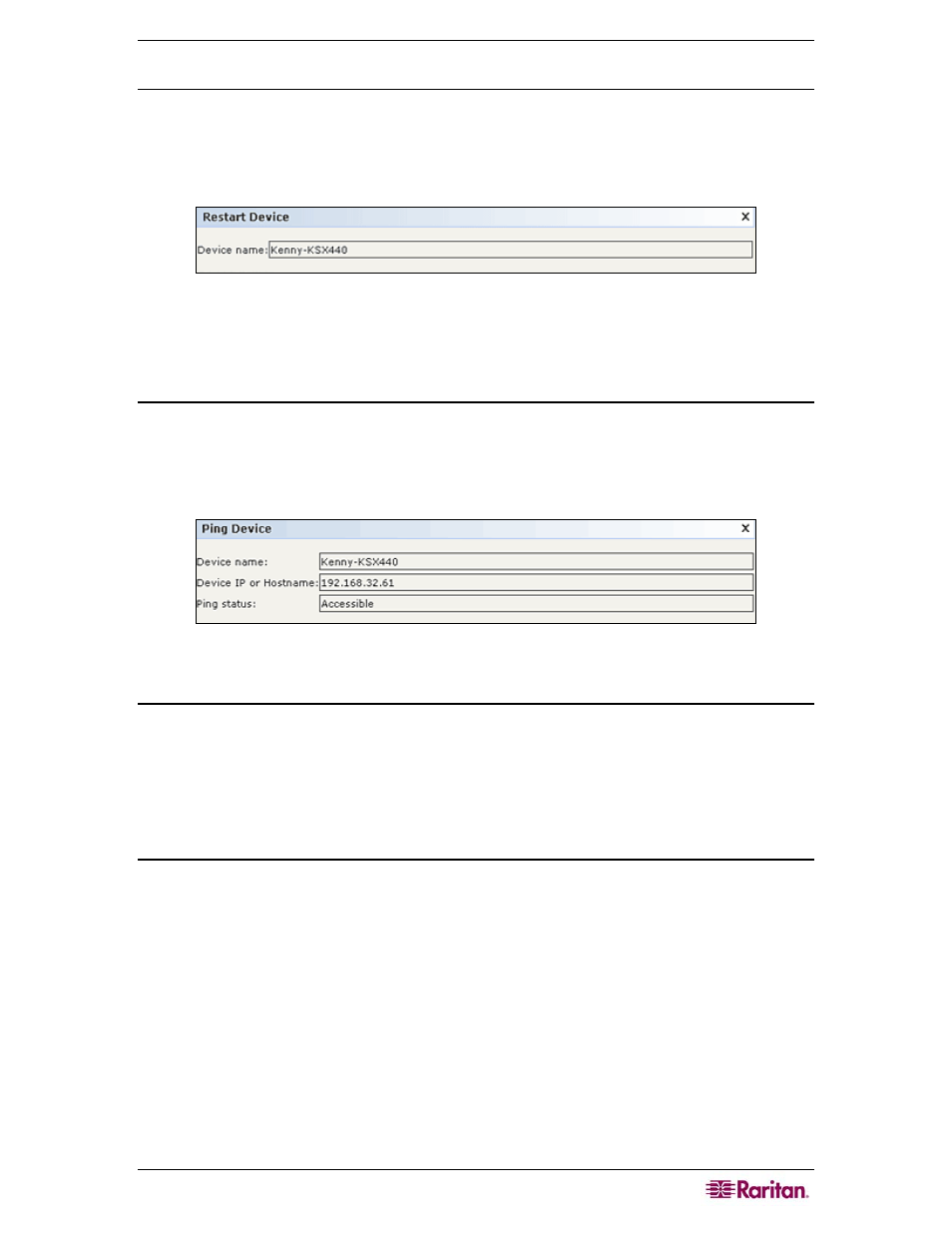Restart device, Ping device, Pause management | Resume management, Figure 46 restart device screen, Figure 47 ping device screen | Raritan Computer CC-SG User Manual | Page 63 / 258