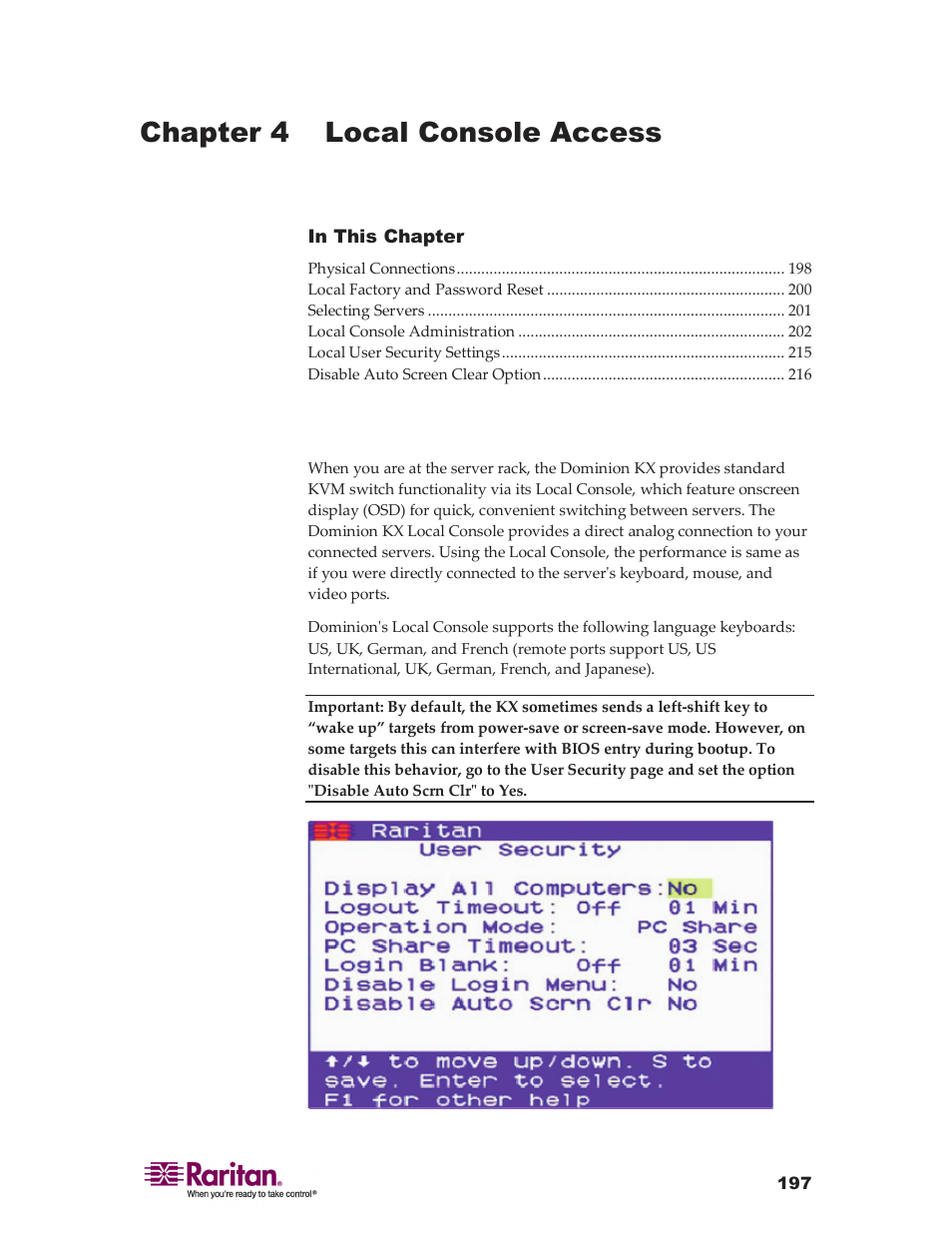 Chapter 4 local console access | Raritan Computer DKX416 User Manual | Page 207 / 269