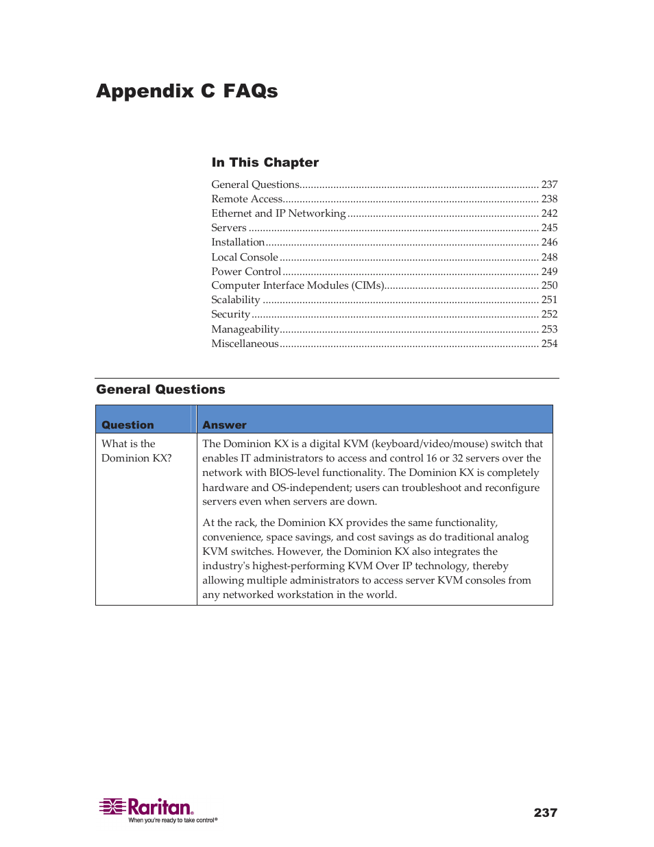 Appendix c faqs | Raritan Computer DKX416 User Manual | Page 247 / 269