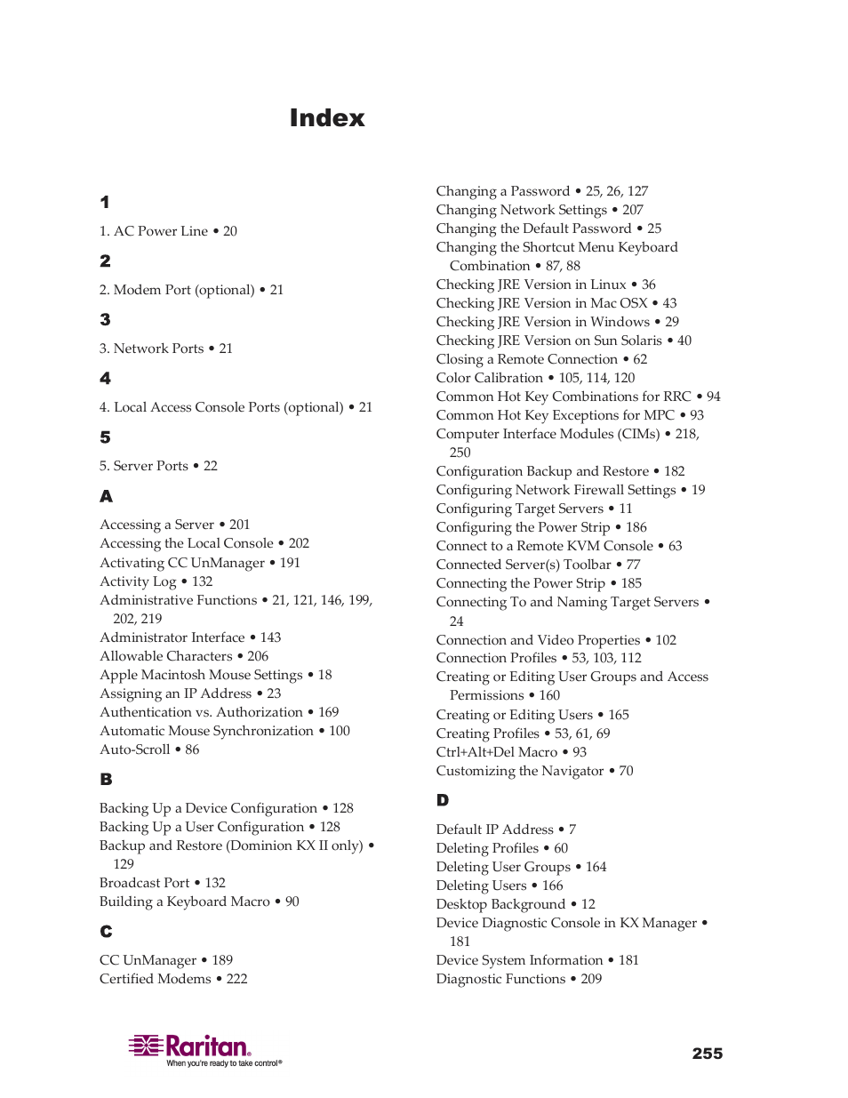 Index | Raritan Computer DKX416 User Manual | Page 265 / 269