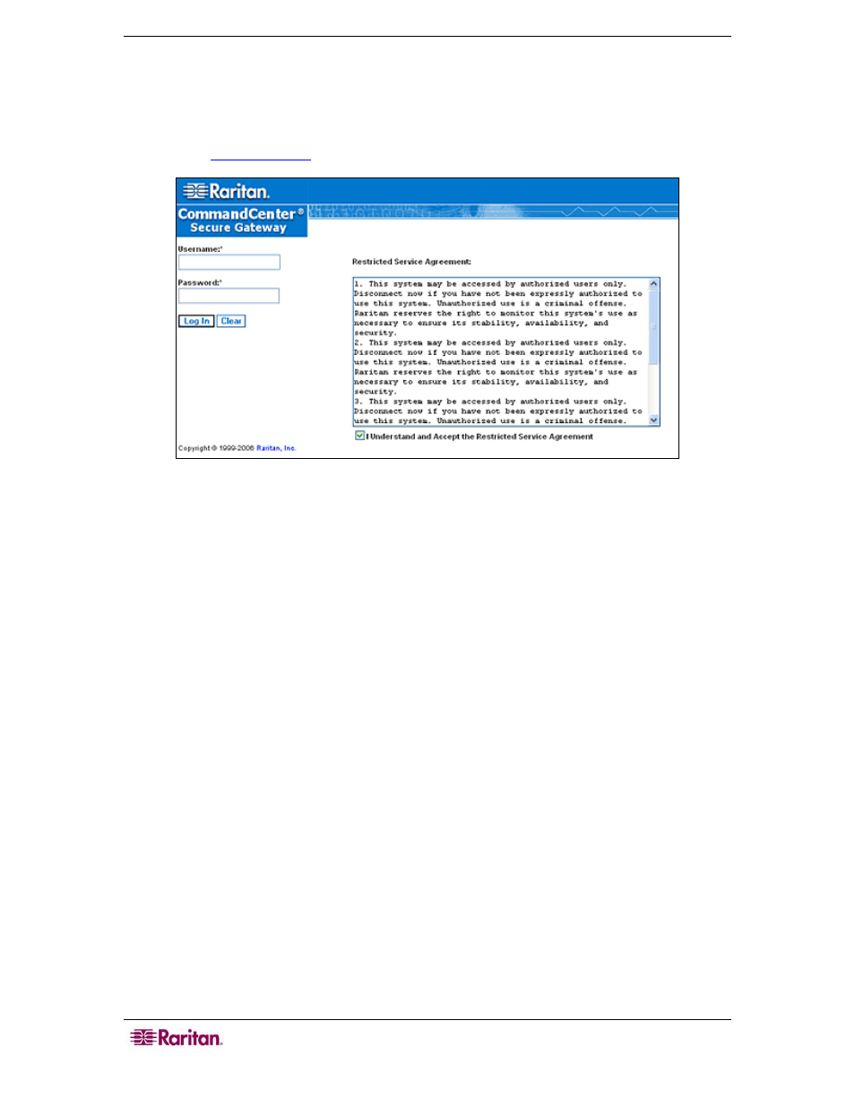 Browser based access via the cc-sg access client, Figure 3 access client login screen | Raritan Computer CommandCenter CC-SG User Manual | Page 14 / 58