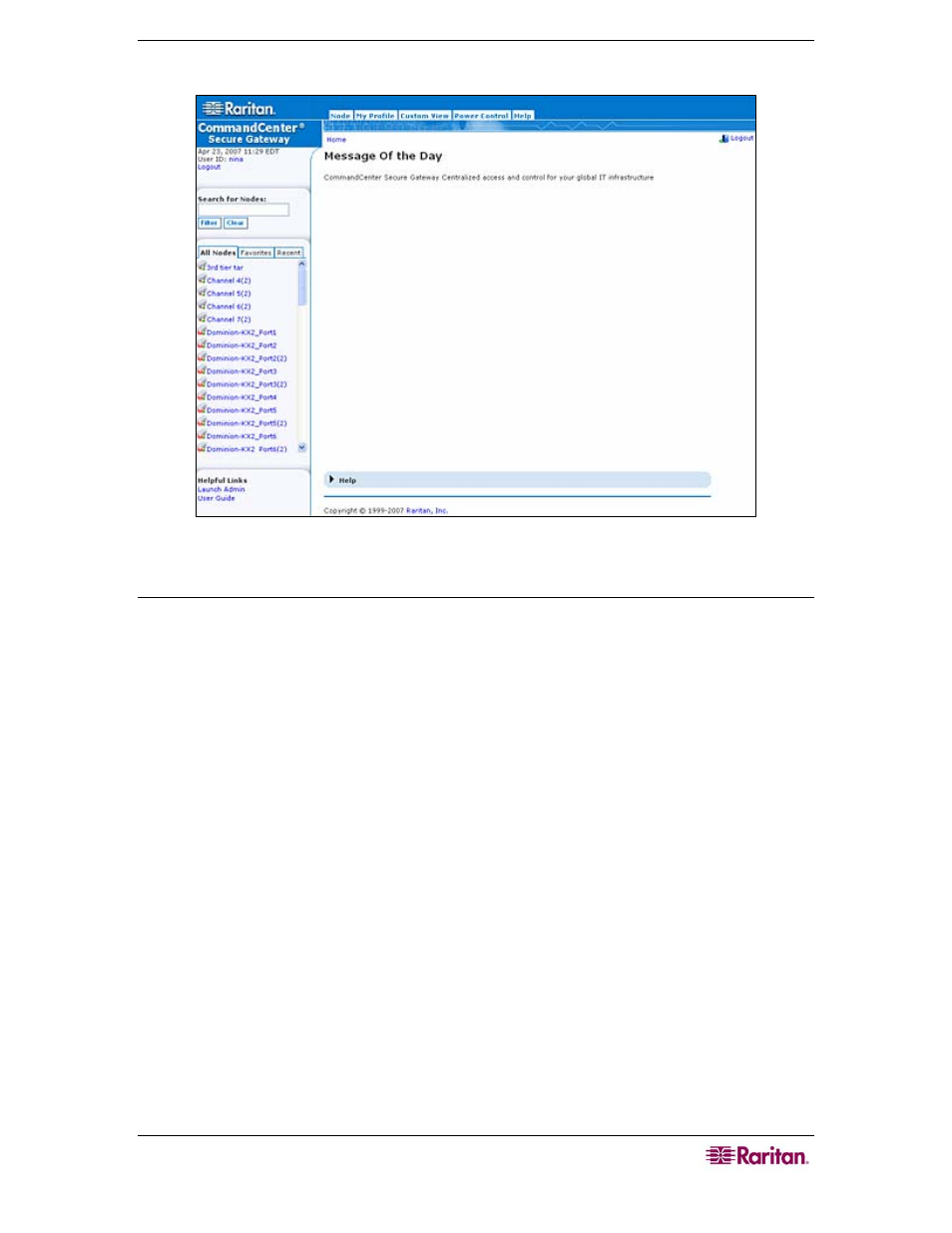 Possible error message in internet explorer, Figure 4 cc-sg access client’s home screen | Raritan Computer CommandCenter CC-SG User Manual | Page 15 / 58