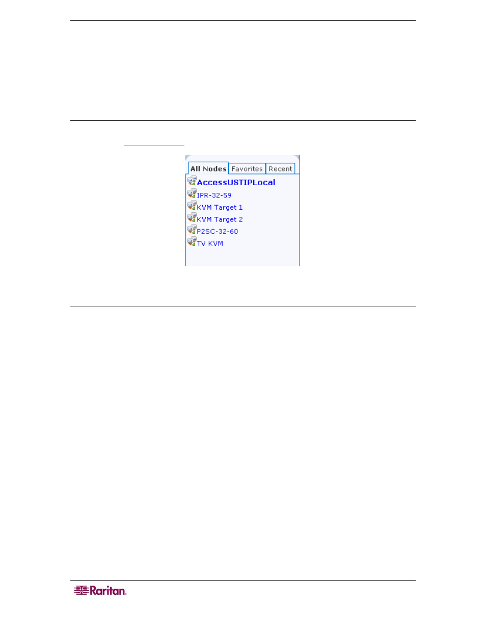 Node lists, All nodes list, Favorite nodes list | Figure 39 all nodes list | Raritan Computer CommandCenter CC-SG User Manual | Page 48 / 58