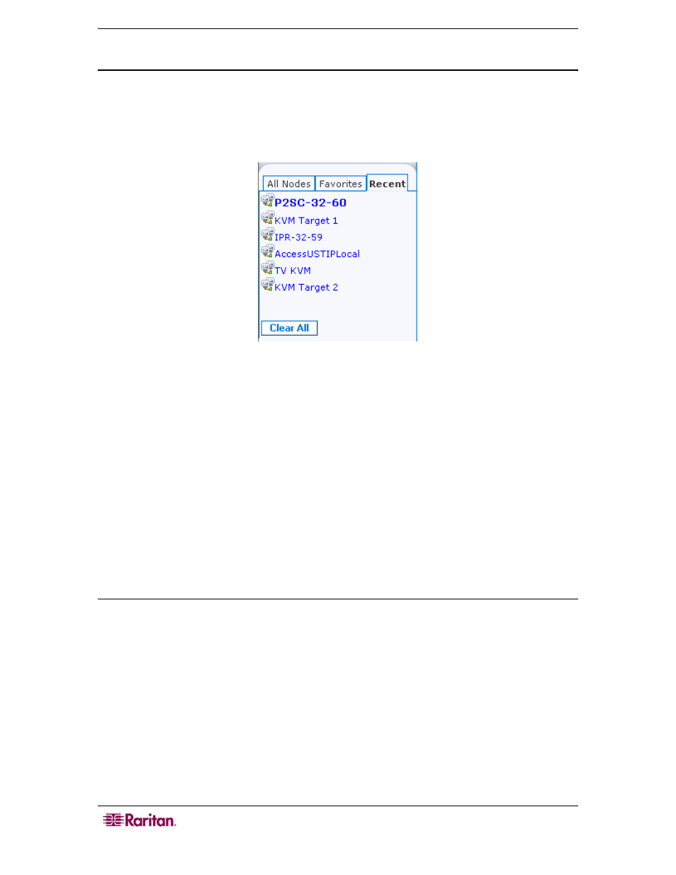 Recent nodes list, Custom views, Add a new custom view | Figure 42 recent list | Raritan Computer CommandCenter CC-SG User Manual | Page 50 / 58