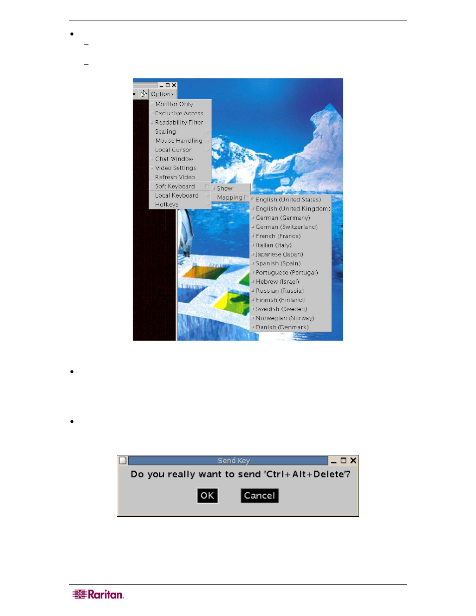 Figure 16 soft keyboard mapping menu, Figure 17 remote console confirmation dialog | Raritan Computer MCIP18 User Manual | Page 28 / 80