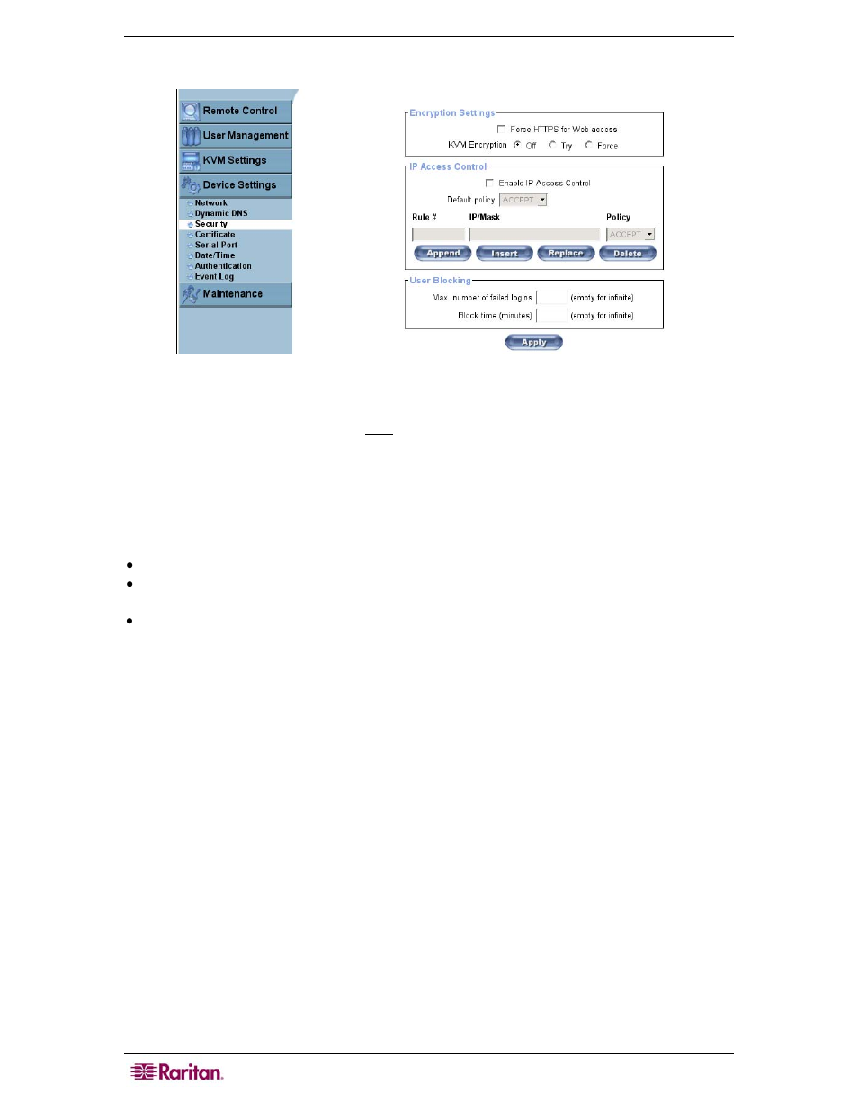Security, Figure 32 security settings screen | Raritan Computer MCIP18 User Manual | Page 44 / 80
