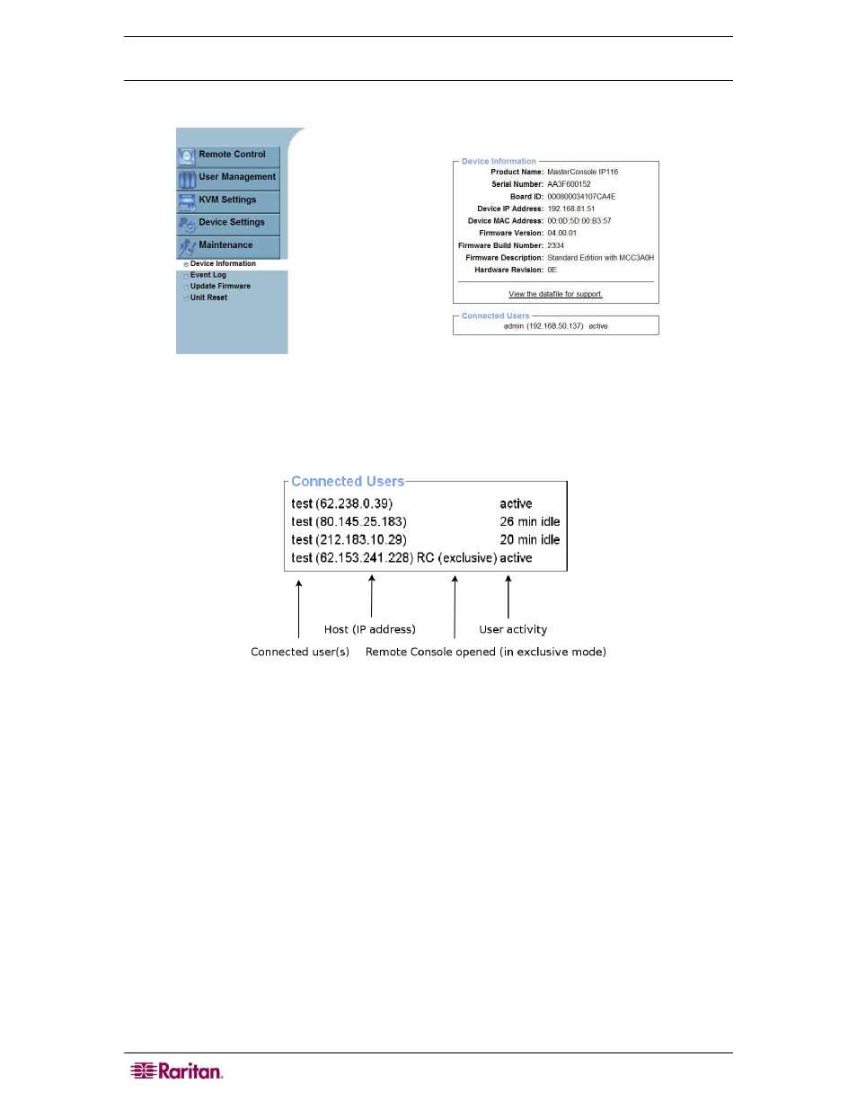 Maintenance, Device information, Figure 39 device information screen | Figure 40 connected users screen | Raritan Computer MCIP18 User Manual | Page 54 / 80