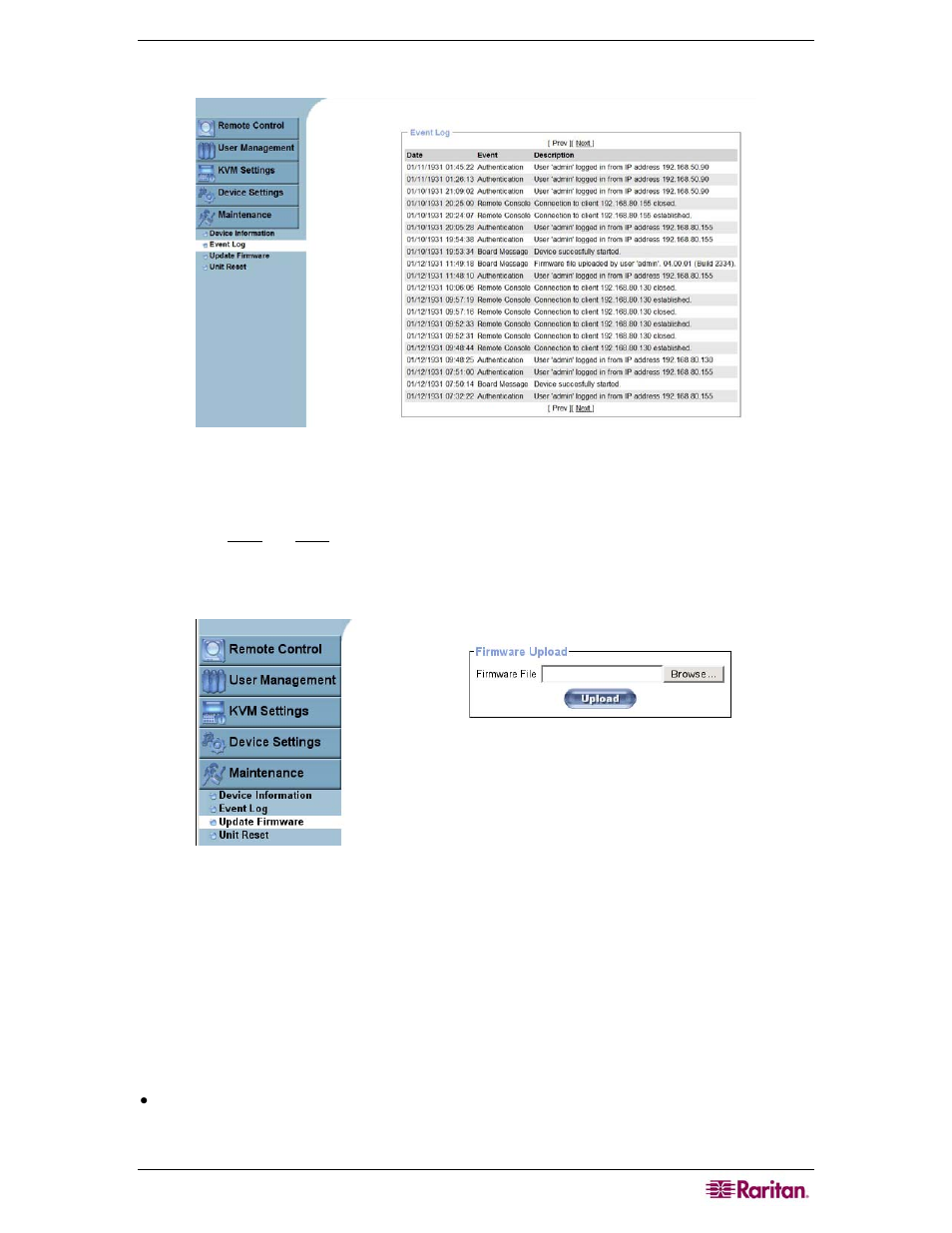 Event log, Update firmware, Figure 41 event log screen | Figure 42 update firmware screen | Raritan Computer MCIP18 User Manual | Page 55 / 80