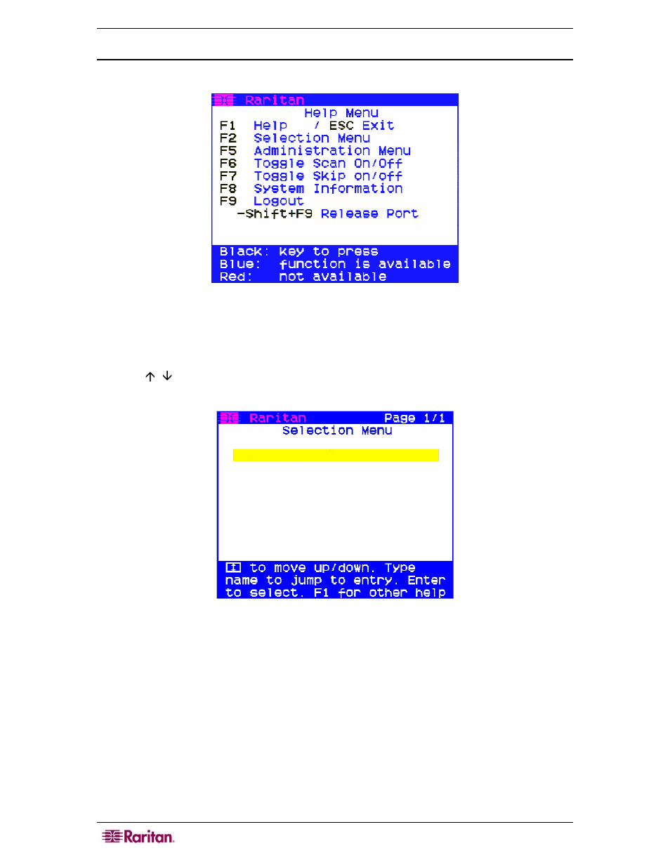 Help menu, Selection menu, Figure 8 f1 help menu | Figure 9 selection menu by name | Raritan Computer MasterConsole Z User Manual | Page 16 / 34