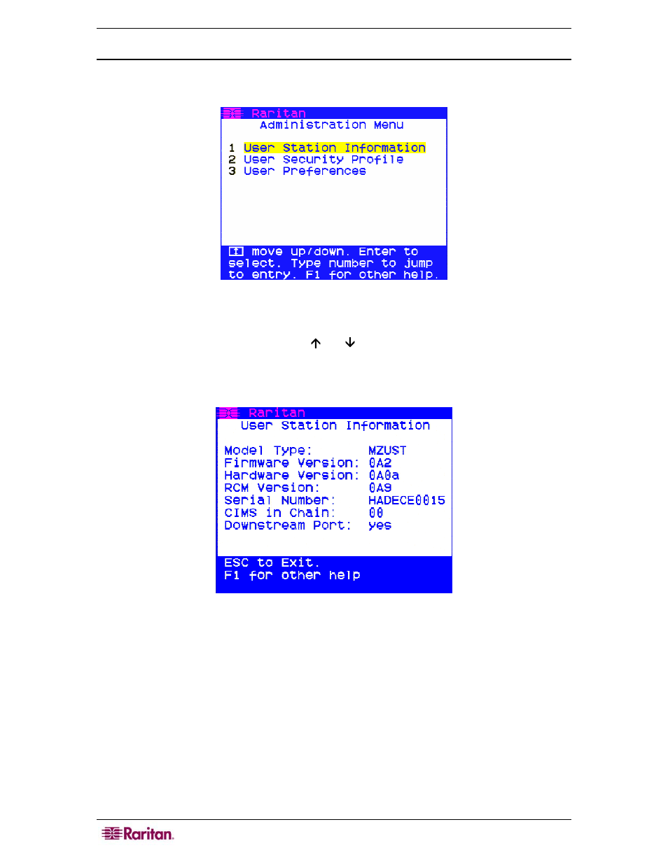 Administration menu, User station information, Figure 11 administrative menu | Figure 12 user station information menu | Raritan Computer MasterConsole Z User Manual | Page 18 / 34