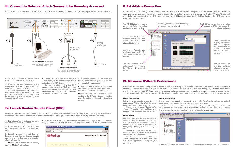 V. establish a connection, Vi. maximize ip-reach performance, Iv. launch raritan remote client (rrc) | Raritan Computer Security Camera User Manual | Page 2 / 2