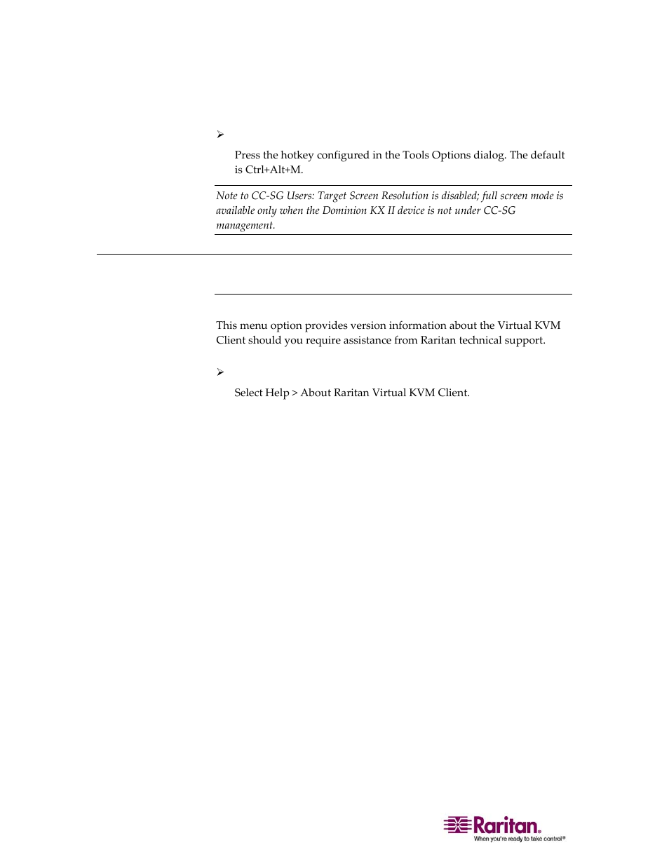 Help menu, About raritan virtual kvm client | Raritan Computer DOMINION KX II DKX2-0E-E User Manual | Page 100 / 257