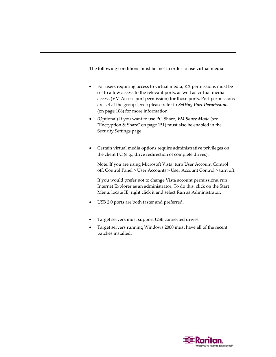 Prerequisites for using virtual media | Raritan Computer DOMINION KX II DKX2-0E-E User Manual | Page 104 / 257