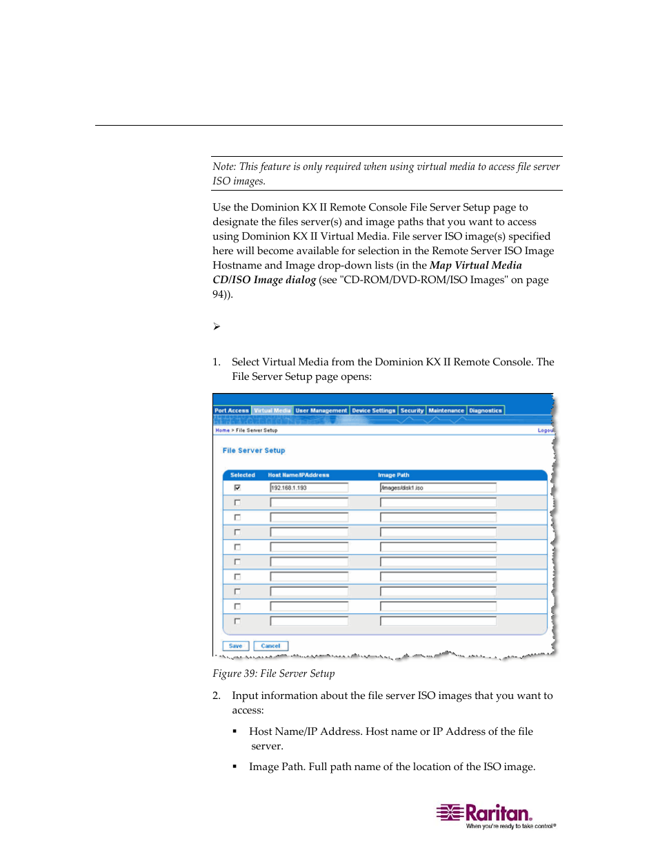 File server setup (file server iso images only) | Raritan Computer DOMINION KX II DKX2-0E-E User Manual | Page 110 / 257