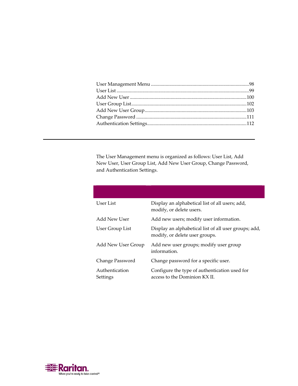 User management, User management menu, Chapter 8 user management | Raritan Computer DOMINION KX II DKX2-0E-E User Manual | Page 112 / 257