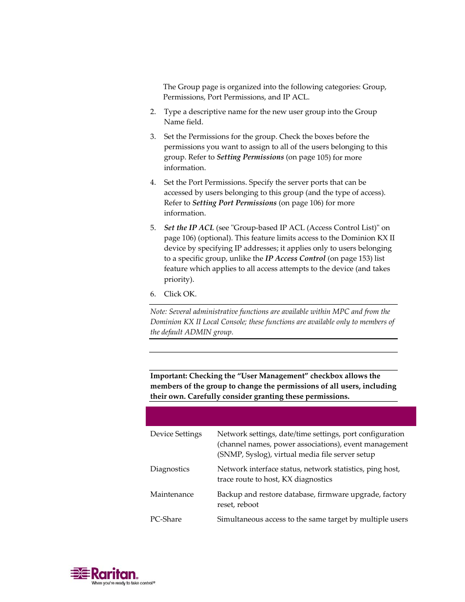 Setting permissions | Raritan Computer DOMINION KX II DKX2-0E-E User Manual | Page 119 / 257