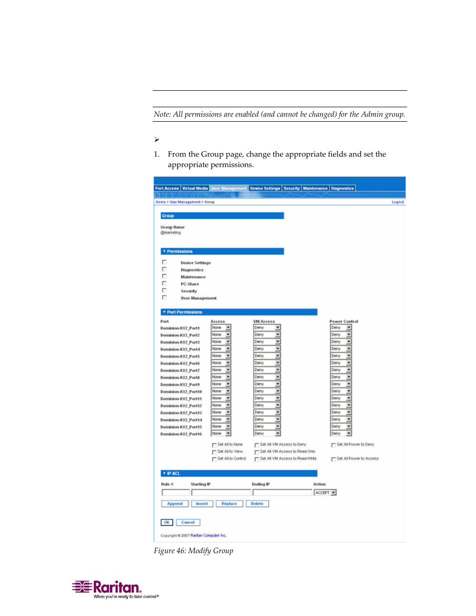 Modify existing user group | Raritan Computer DOMINION KX II DKX2-0E-E User Manual | Page 123 / 257