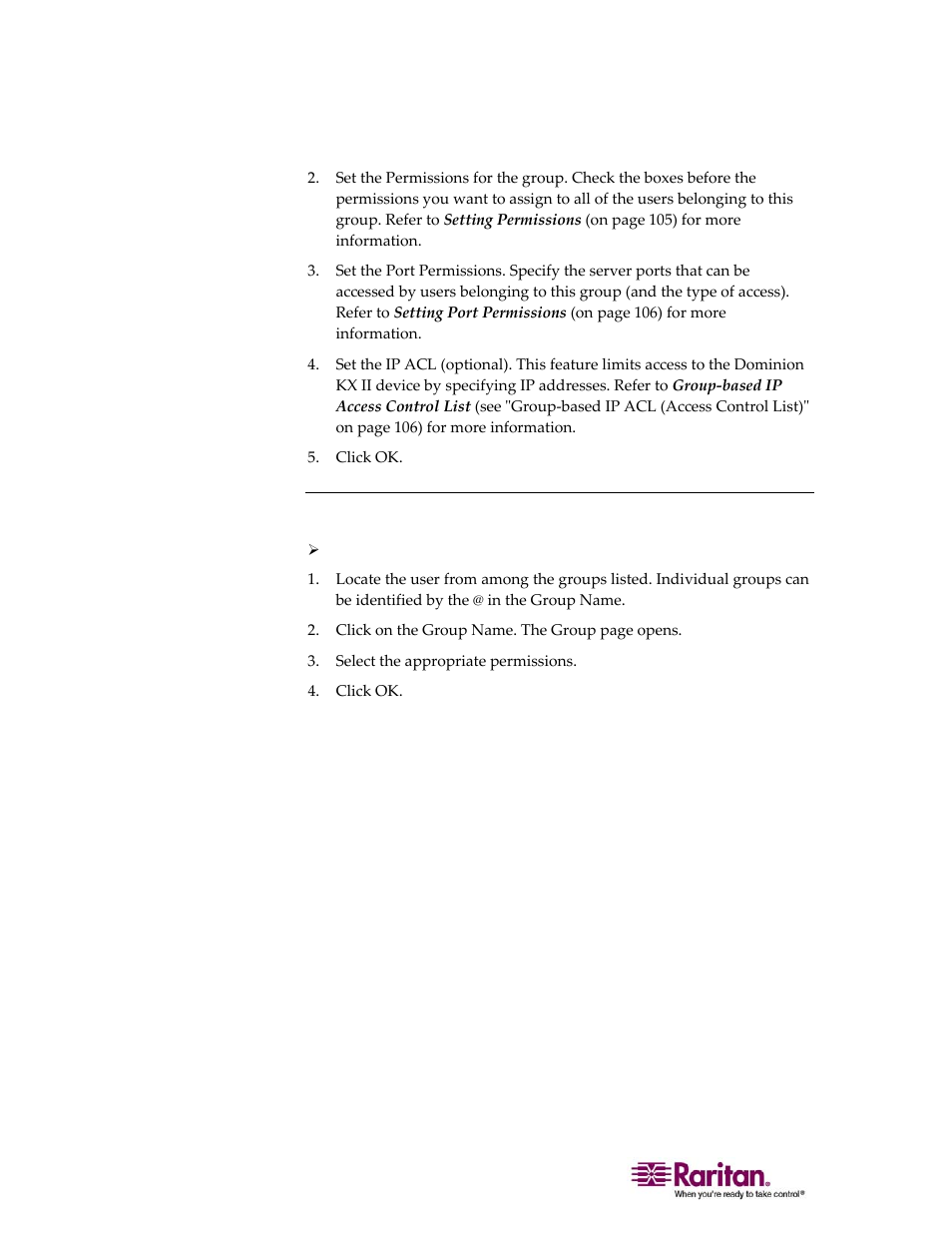 Set permissions for individual group | Raritan Computer DOMINION KX II DKX2-0E-E User Manual | Page 124 / 257