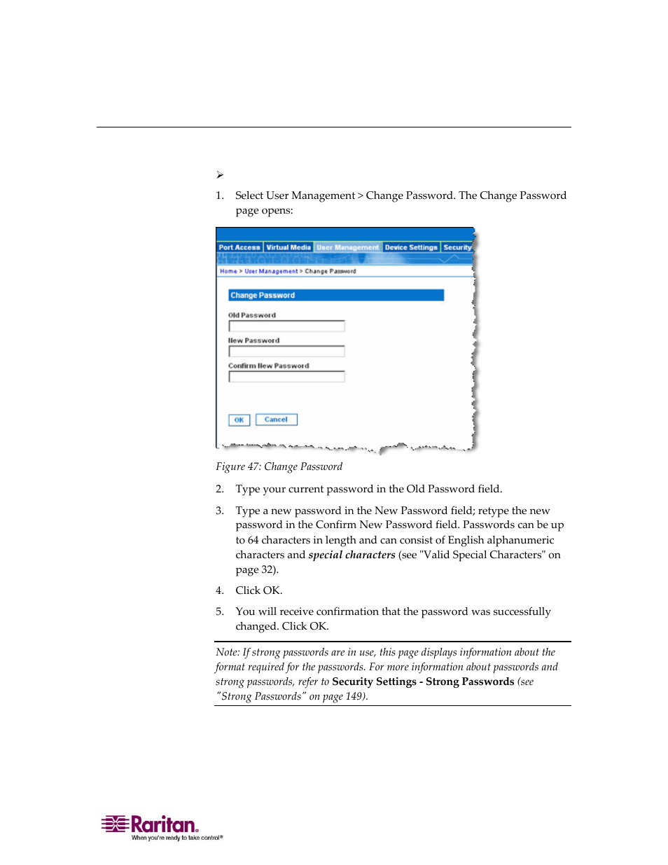 Change password | Raritan Computer DOMINION KX II DKX2-0E-E User Manual | Page 125 / 257